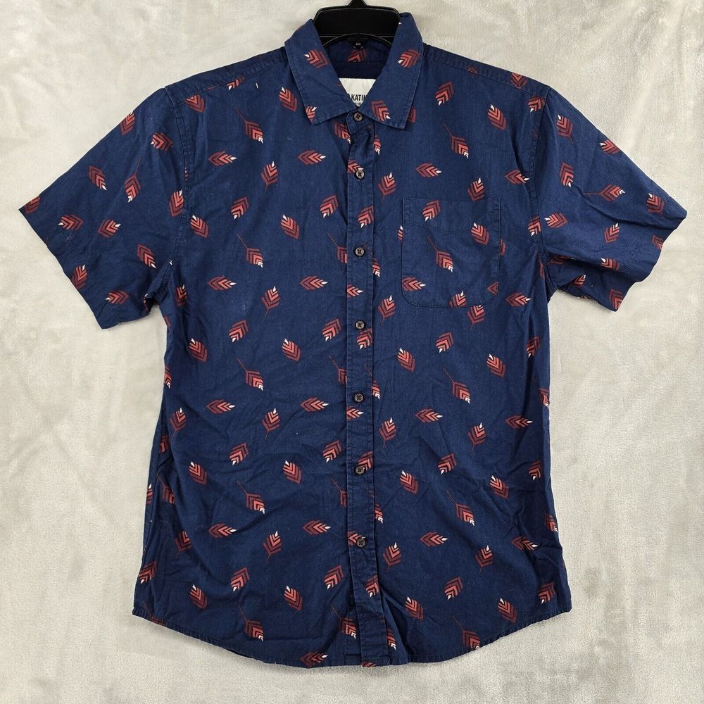 Katin Mens Medium Blue Leaf Print Casual Button Up Short Sleeve